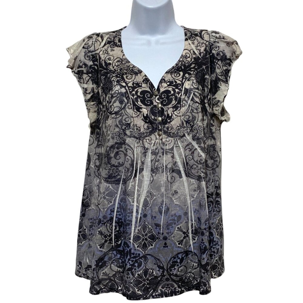 Women's XL-Short Sleeve Pullover Top V-Neck Rhinestones Design-Energy World Wear